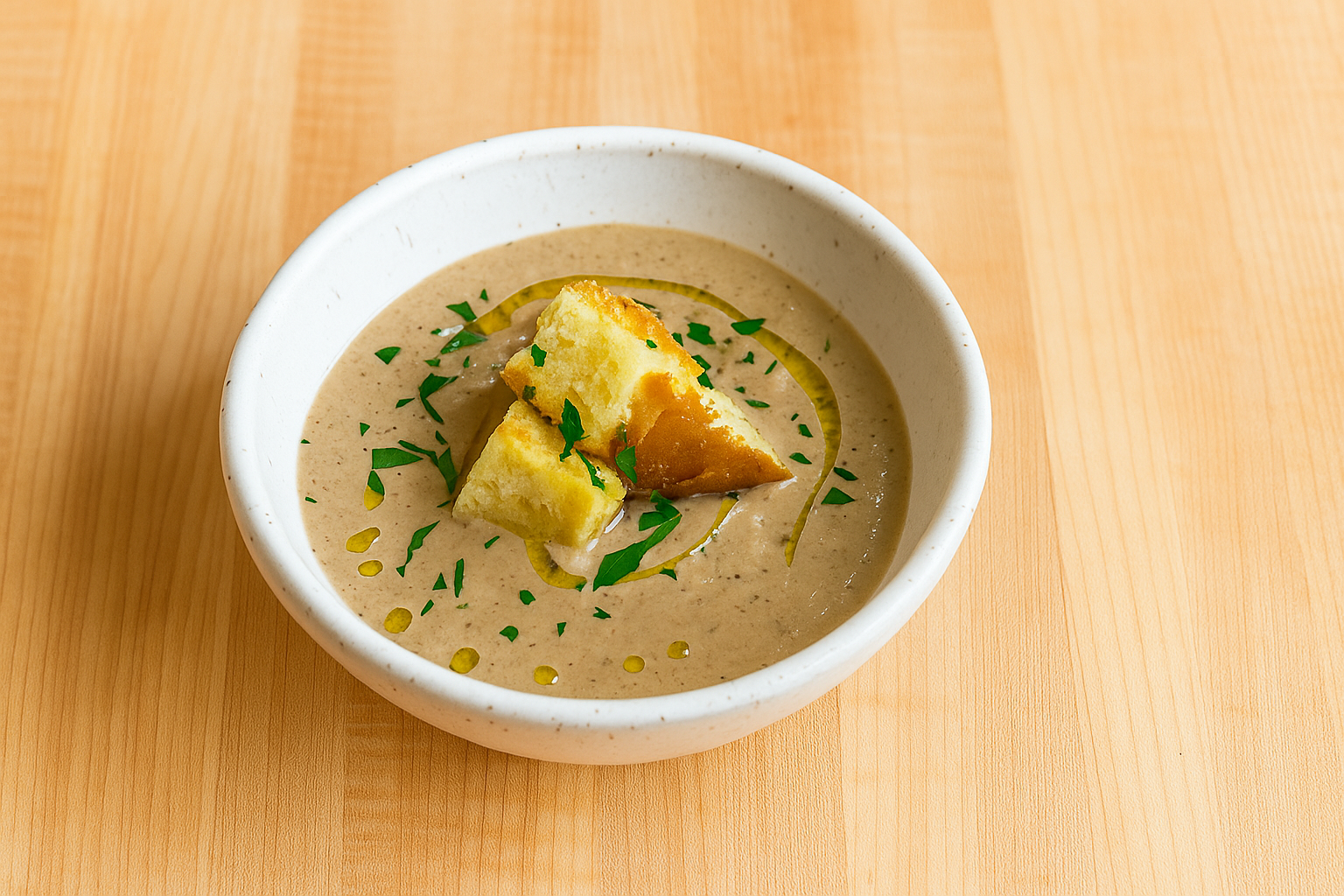 Bowl filled with creamy roasted mushroom soup garnished with fresh herbs