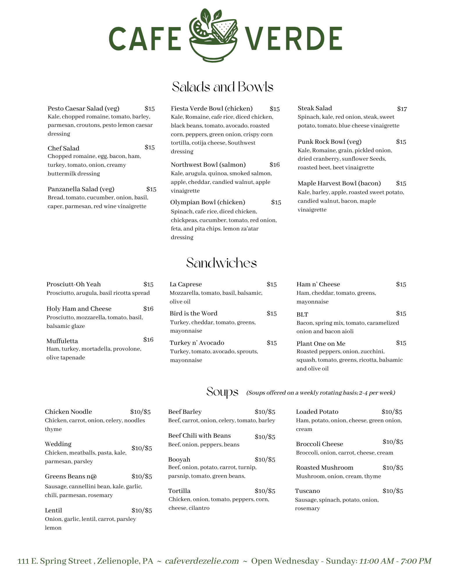 This is our full cafe menu.  Contact us at cafeverdezelie@gmail.com
